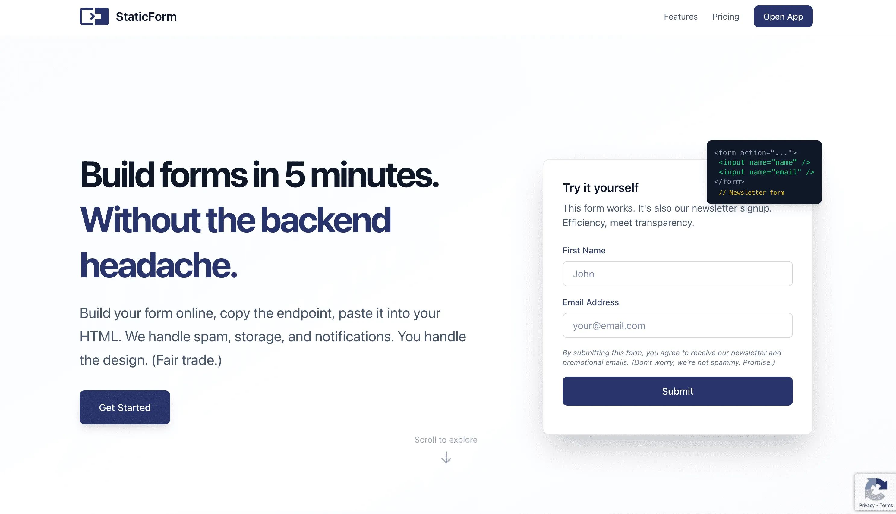 Screenshot van de StaticForm homepage